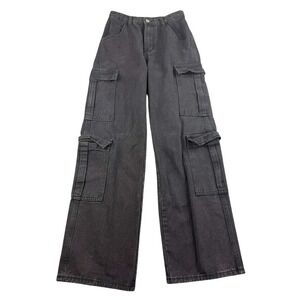 Flvsun Jeans Women XS US 2 Black Wide Leg Cargo‎ Relaxed Fit Utility Pockets